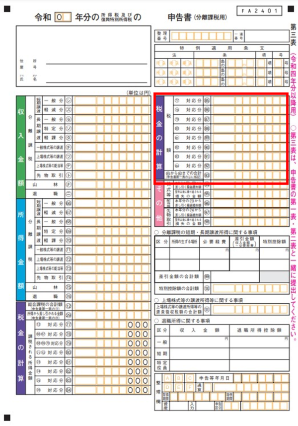 第三表の右上に算出した税額を記入