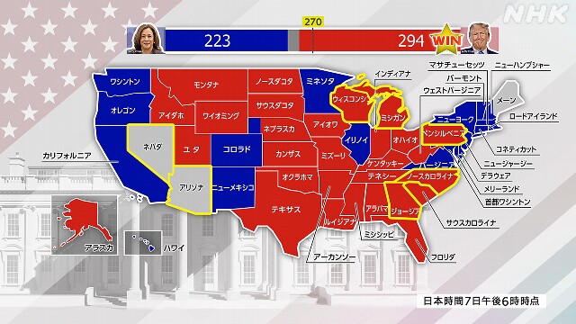 日本時間7日午後6時時点の開票状況（NHK公式より）