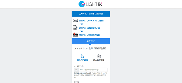 LIGHT FXのWeb申込の流れ【画像】 2】口座開設ページに移動
