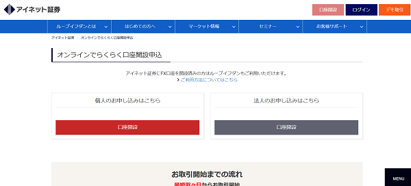 アイネット証券 FXのWeb申込の流れ【画像】 2】口座開設申込フォームに移動
