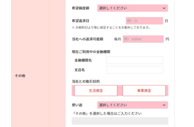 カードローン申込フォーム(希望限度額・他社借入の有無など)【ダイレクトワンHPより】