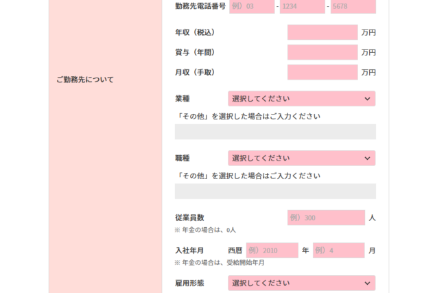 カードローン申込フォーム(年収・勤務先規模など)【ダイレクトワンHPより】