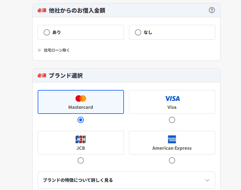 楽天カードのWeb申込の流れ4】利用目的・他社借入・国際ブランドなどを記入