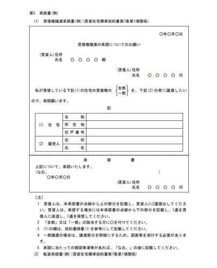 賃借権譲渡承諾書(例)【国土交通省HP】