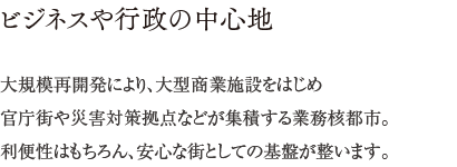 ビジネスや行政の中心地 ／ 大規模再開発により、大型商業施設をはじめ官庁街や災害対策拠点などが集積する業務核都市。利便性はもちろん、安心な街としての基盤が整います。