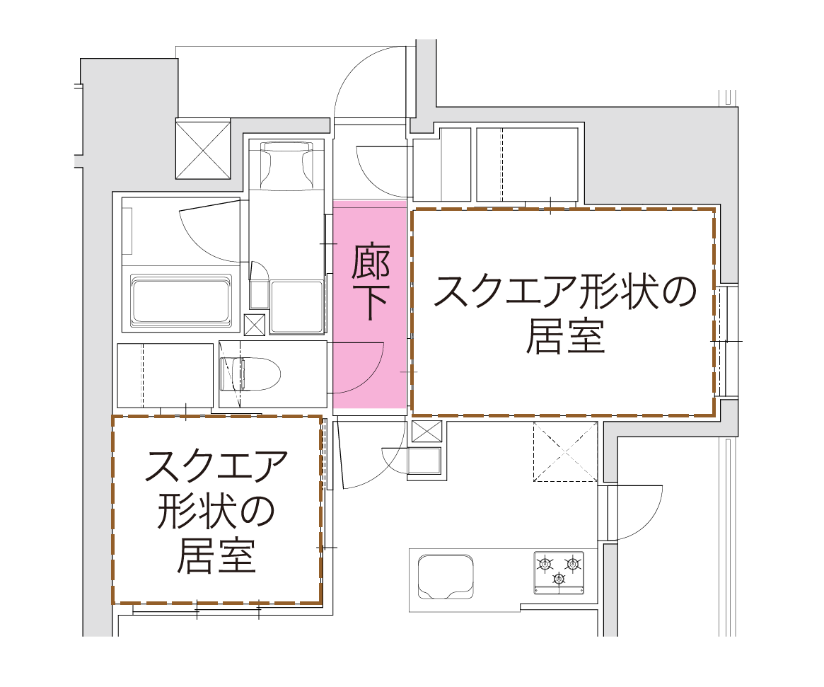 スクエア形状の室内で、 スッキリとした暮らし心地を